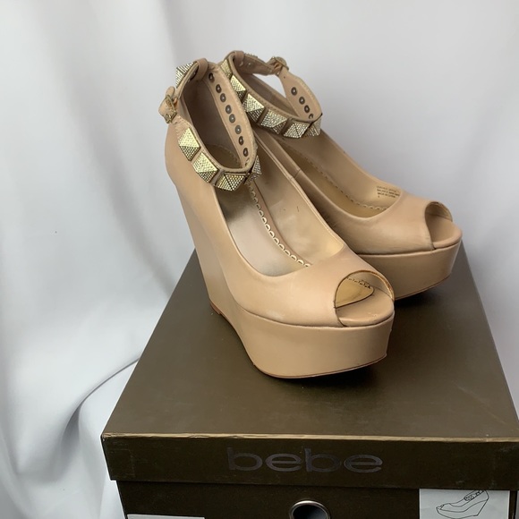 Bebe Nude Studded Ankle Strap Wedges - Picture 4 of 13